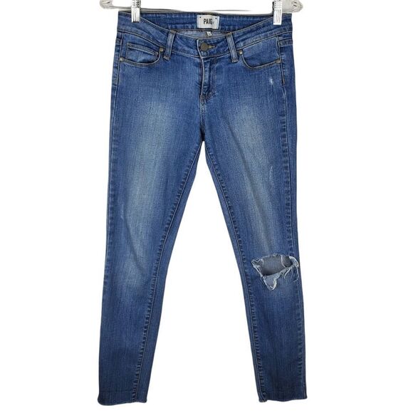 PAIGE Verdugo Ankle Cleary Distressed Raw Hem Skinny Jean Light Wash Ripped Hole - Picture 2 of 8